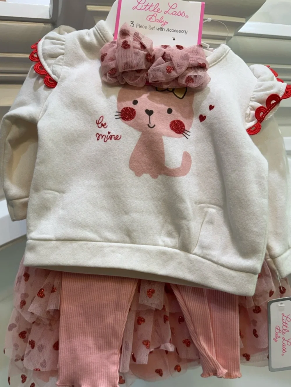 Little Lass Pink and Red Glitter Kitten Matching Set with Bow skirt top bottom - Picture 3 of 10